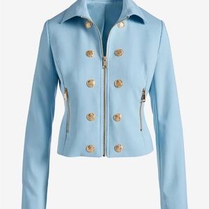 Boston Proper Light Blue Double-Breasted Zip-Front Jacket with Gold Buttons